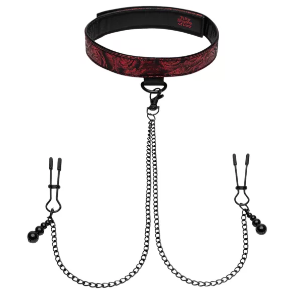 Fifty Shades of Grey - set guler și cleme sâni - piele negru-roșu