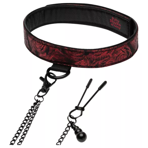 Fifty Shades of Grey - set guler și cleme sâni - piele negru-roșu
