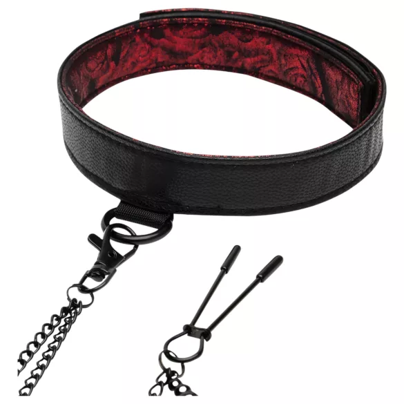 Fifty Shades of Grey - set guler și cleme sâni - piele negru-roșu