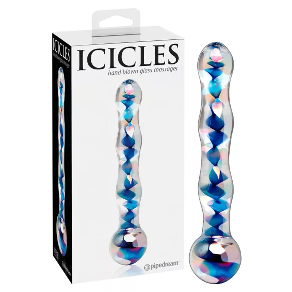 Icicles No. 08 - dildo din sticlă dublu, ondulat - transparent/albastru