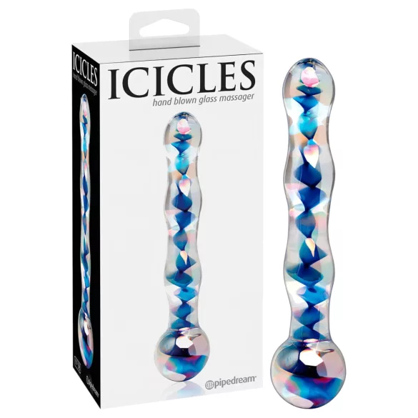 Icicles No. 08 - dildo din sticlă dublu, ondulat - transparent/albastru
