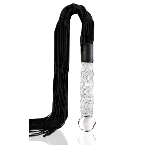 Icicles No. 38 - dildou din sticlă transparentă și bici din piele - negru