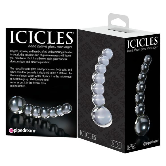 Icicles No. 66 - dildo din sticlă curbat cu bile - transparent