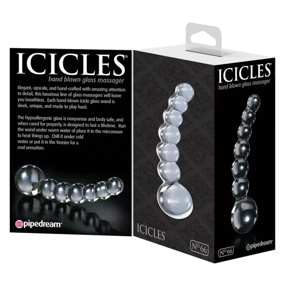 Icicles No. 66 - dildo din sticlă curbat cu bile - transparent