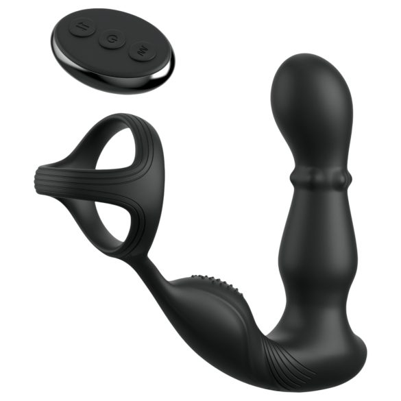 Anal Fantasy - vibrator anal cu cap rotativ și inel pentru penis - negru