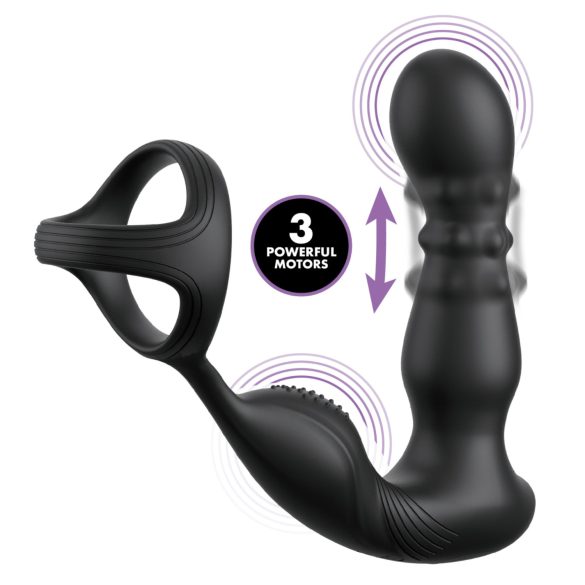 Anal Fantasy - vibrator anal cu cap rotativ și inel pentru penis - negru