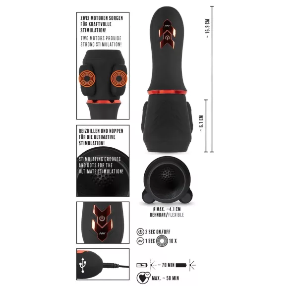 Rebel - vibrator gland cu baterie, 2 motoare - negru