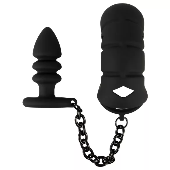 Black Velvets - cușcă pentru penis din silicon cu plug anal - negru