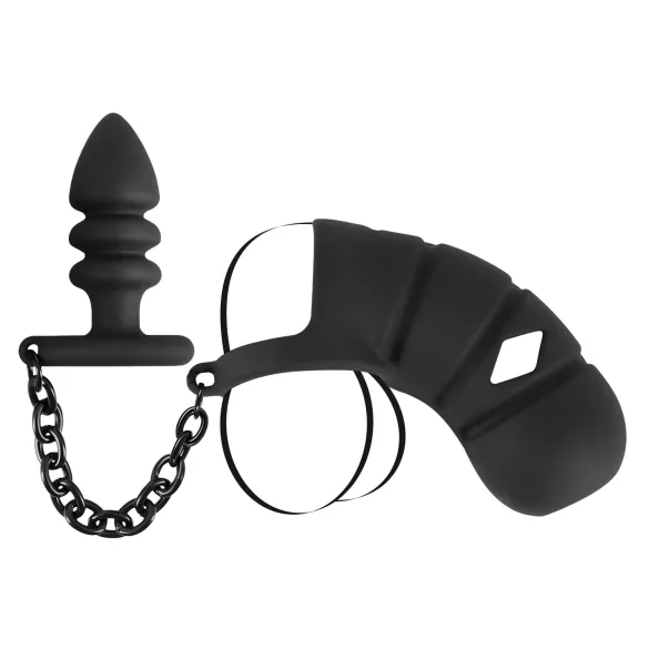 Black Velvets - cușcă pentru penis din silicon cu plug anal - negru