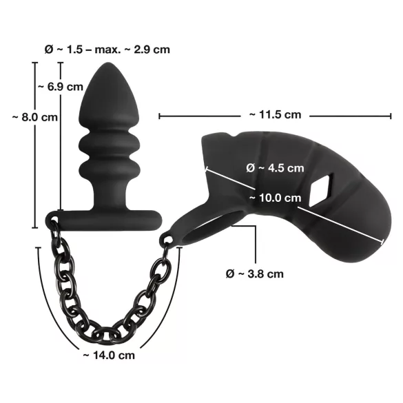 Black Velvets - cușcă pentru penis din silicon cu plug anal - negru