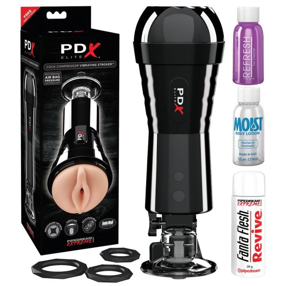 PDX Cock Compressor - masturbator cu aspirație și vibrații (negru)