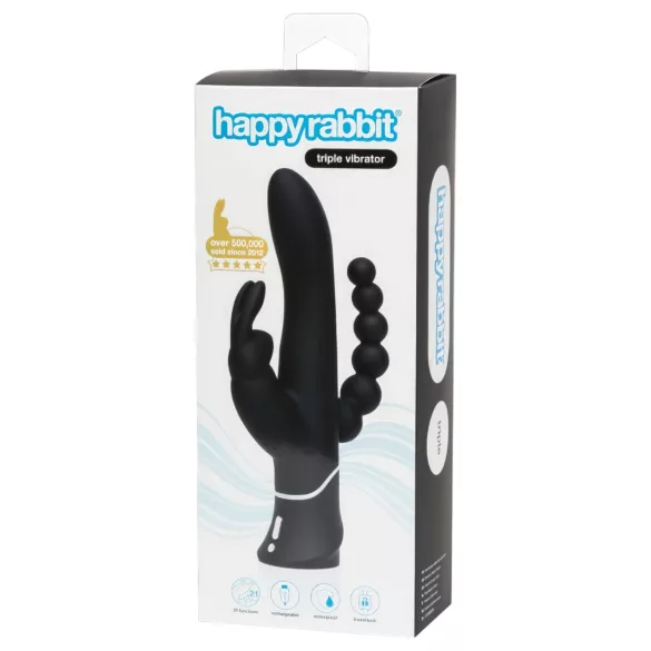 Happyrabbit Triple - vibrator clitoridian și anal cu baterie - silicon negru