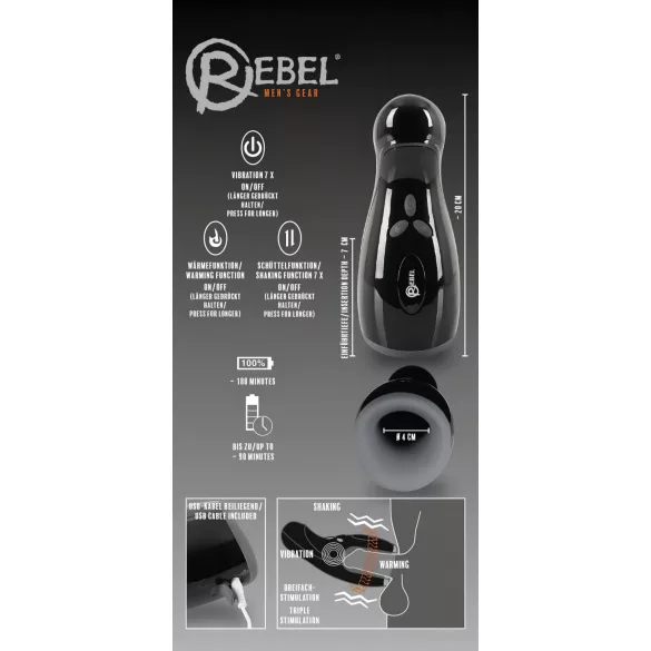Rebel - masturbator automat cu vibrații și încălzire - negru