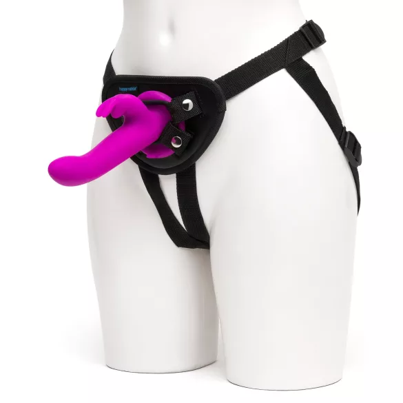 Happyrabbit Strap-On - vibrator cu curea, tip iepuraș, cu braț pentru clitoris (mov)