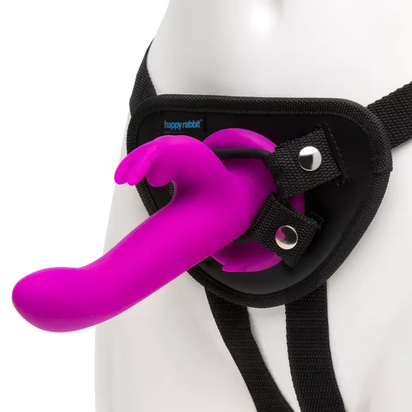 Happyrabbit Strap-On - vibrator cu curea, tip iepuraș, cu braț pentru clitoris (mov)
