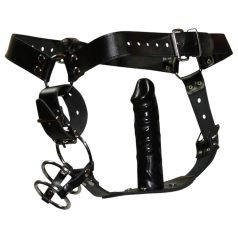   ZADO - tanga din piele cu dildo și 3 inele pentru penis - L/XL