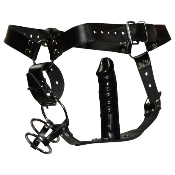 ZADO - chilot din piele cu dildo, 3 inele pentru penis - L/XL