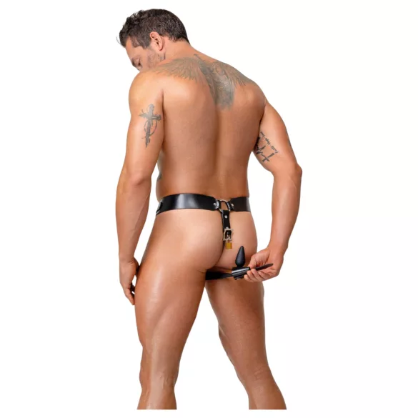 ZADO - jockstrap din piele neagră tip centură de castitate cu 2 lacăte (S-2XL)