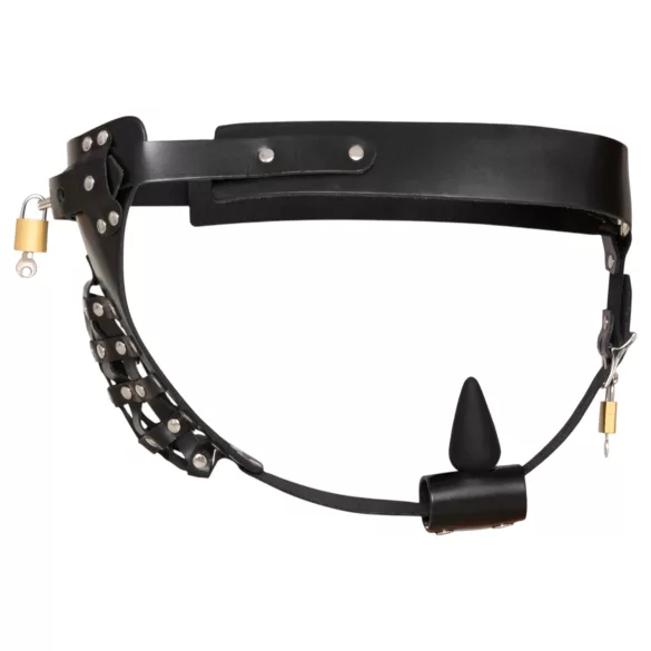 ZADO - jockstrap din piele neagră tip centură de castitate cu 2 lacăte (S-2XL)