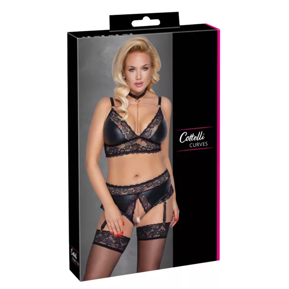 Cottelli Curves - set lenjerie sexy cu efect lucios - negru - 2XL