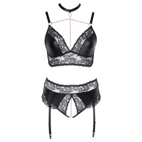Cottelli Curves - set lenjerie sexy cu efect lucios - negru - 3XL