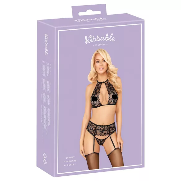 Sărutabil - set sutien dantelă cu gât legat (negru)