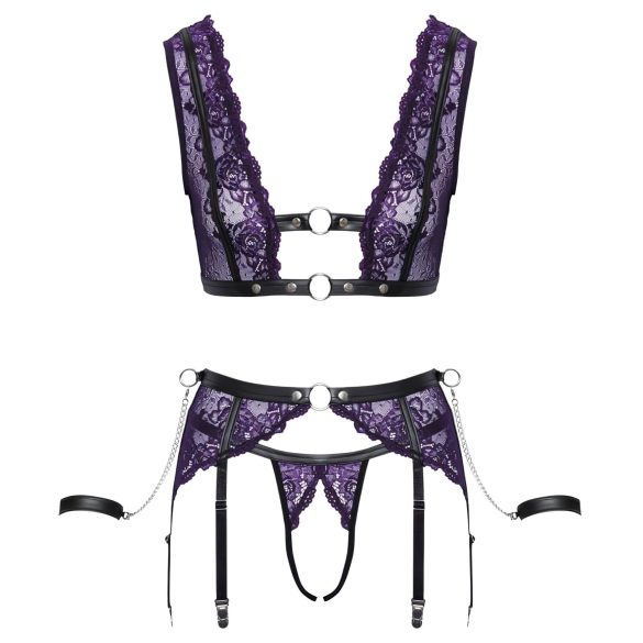 Cottelli Bondage - set lenjerie și cătușe (negru-violet)