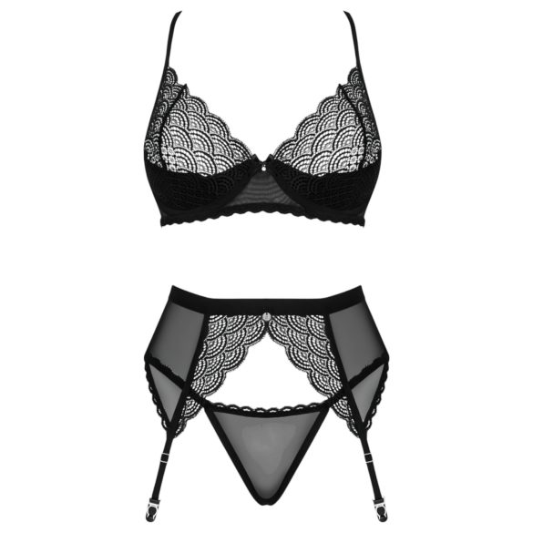 Obsessive Chemeris - set lenjerie cu sutien și portjartier - negru - XL/XXL