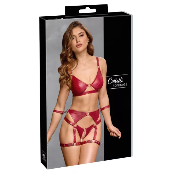 Cottelli Bondage - Set sutien lucios și cătușe pentru mâini (roșu) - L