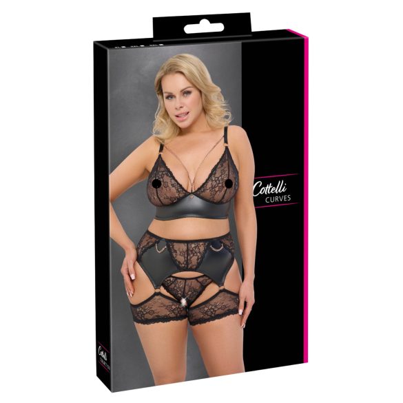 Cottelli Curves - set lenjerie cu dantelă și inserții din piele - negru