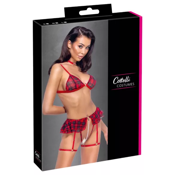 Cottelli - set de lenjerie intimă în carouri cu portjartier (carouri roșii) - M