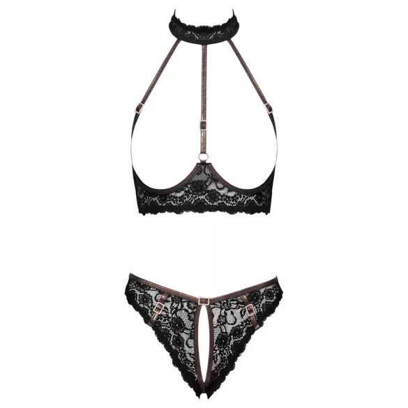 Cottelli - sutien și tanga din dantelă deschisă, cu ornamente rose-gold (negru)
