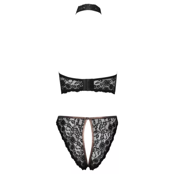 Cottelli - sutien și tanga din dantelă deschisă, cu ornamente rose-gold (negru)