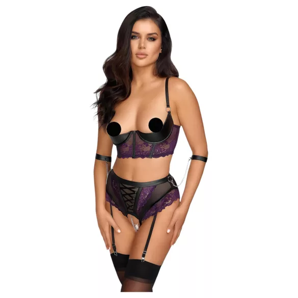 Cottelli Bondage - set sutien și cătușe pentru brațe (negru-mov) - XL