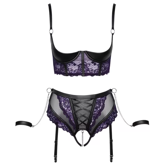 Cottelli Bondage - set sutien și cătușe pentru brațe (negru-mov) - XL