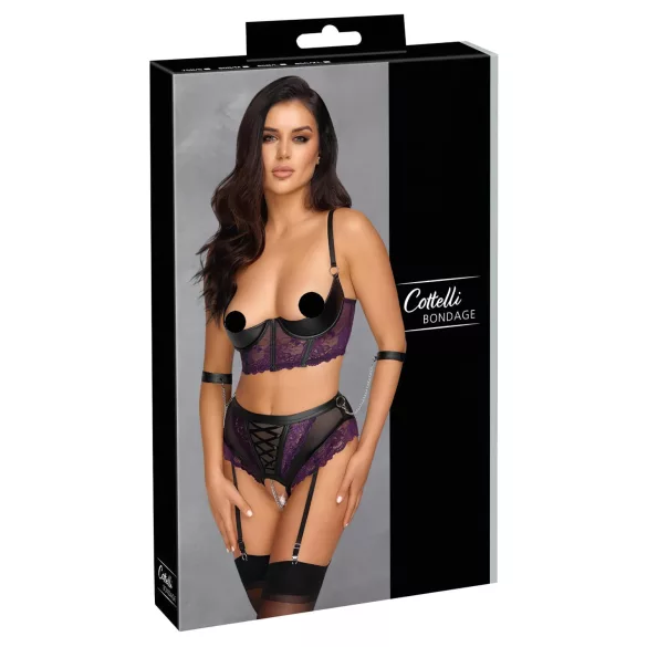 Cottelli Bondage - set sutien și cătușe pentru mâini - negru-mov - XL