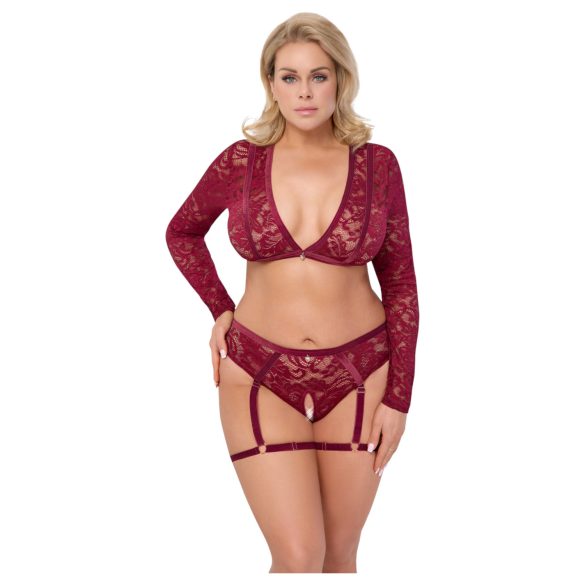 Cottelli Curves - set lenjerie din dantelă cu mâneci lungi - roșu - 3XL