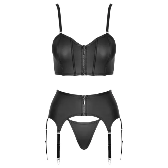 Cottelli - set corset cu fermoar, portjartier și tanga (negru)