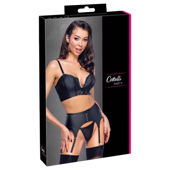 Cottelli - set corset cu fermoar, portjartier și tanga (negru) - M