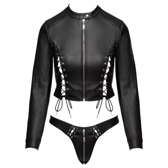 Cottelli - set jachetă scurtă din piele artificială și tanga (negru) - M