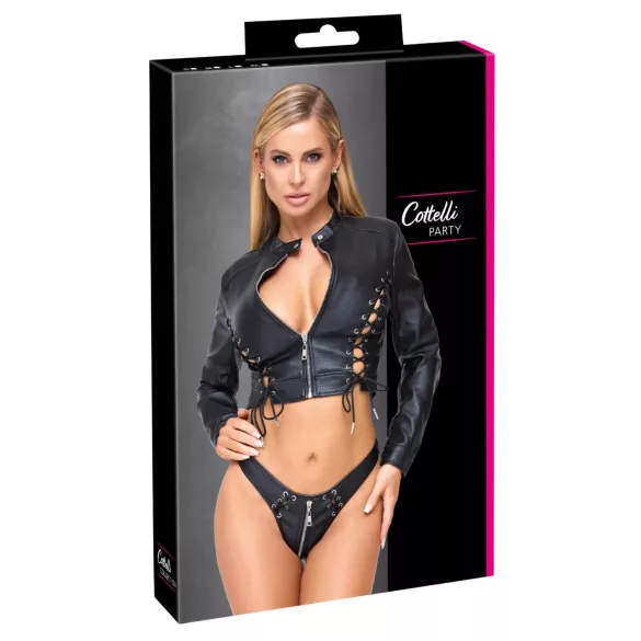 Cottelli - set jachetă scurtă din piele artificială și tanga (negru) - L