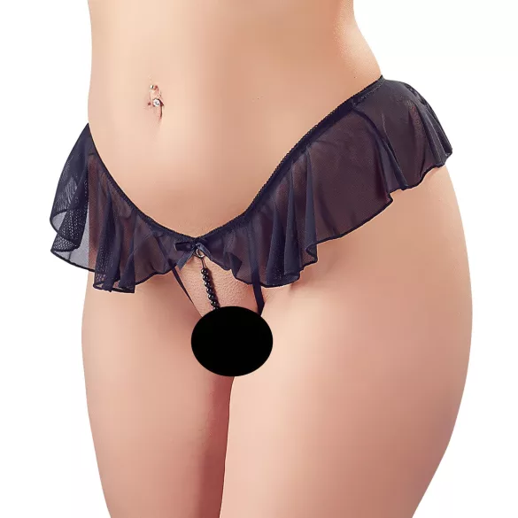 Cottelli - tanga deschis cu volane și perle - negru - M