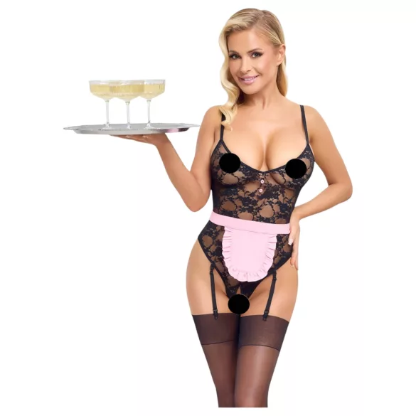 Cottelli - costum menajeră sexy transparent - negru-roz - M