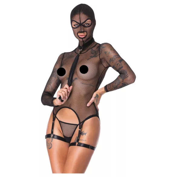 Bad Kitty - Set BDSM cu plasă transparentă și bici - negru