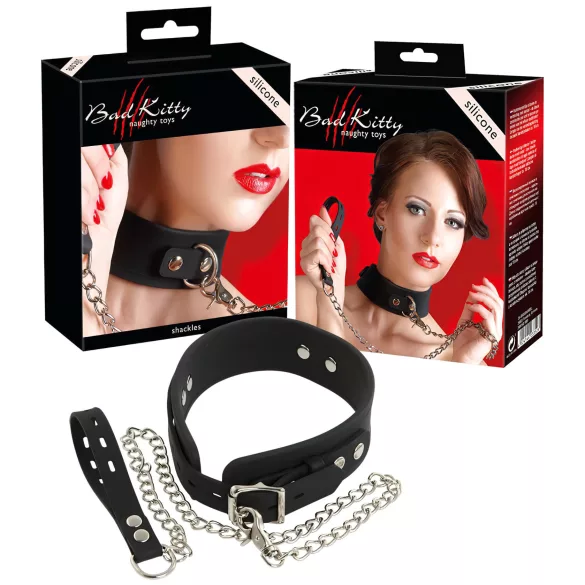 Bad Kitty - zgardă și lesă BDSM din silicon - negru