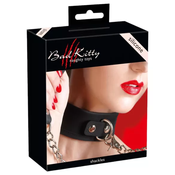 Bad Kitty - zgardă și lesă BDSM din silicon - negru
