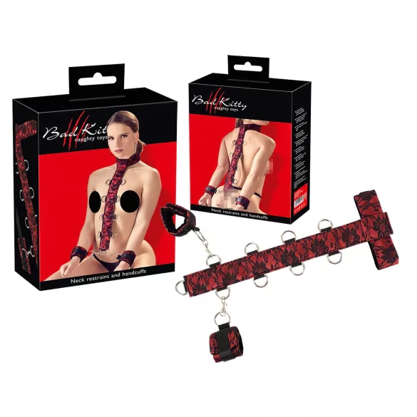 Bad Kitty - set bondage mâini gât reglabil - roșu-negru