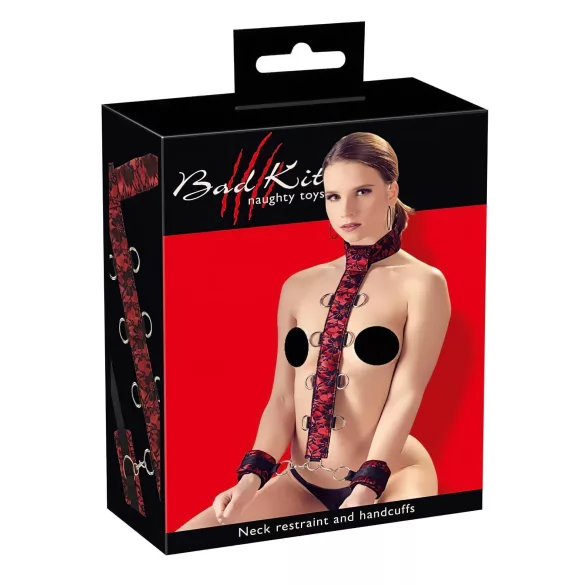 Bad Kitty - set bondage mâini gât reglabil - roșu-negru