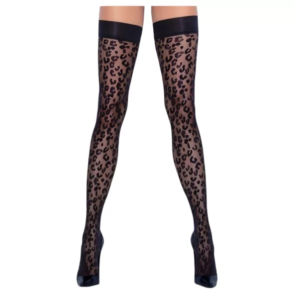 Cottelli Legwear - dresuri tip portjartier cu model leopard - negru