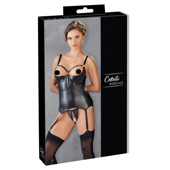 Top bondage lucios cu cupe subliniate și cătușe (negru)